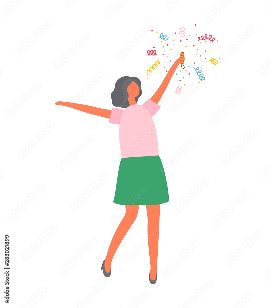 Woman in skirt and sweater bang flapper. Color confetti, vector female and party cracker exploding in flat design. Girl celebrating New Year and Christmas