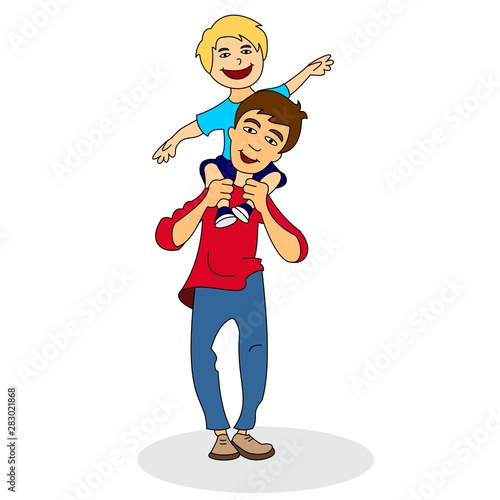 Vector illustration of a little boy sitting on his daddy's shoulder. Color vector illustration isolated on white background.