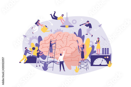 Business Concept Neuromarketing, Brainstorm, AI. A large Group of Clerks perform Work , information Search, Analysis, Support, Promotion in the Office. Teamwork of Businessmen Marketing, Management