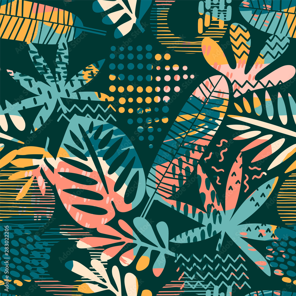 Fototapeta Abstract seamless pattern with tropical leaves. Hand draw texture.