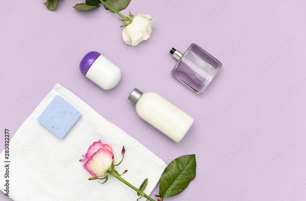 shampoo, cute, towel, and hygiene products on a beautiful background shampoo, cute, towel, and hygiene products on a beautiful background