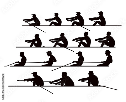 4 teams of rowers in boats and canoes for the race. Silhouette. Vector illustration
