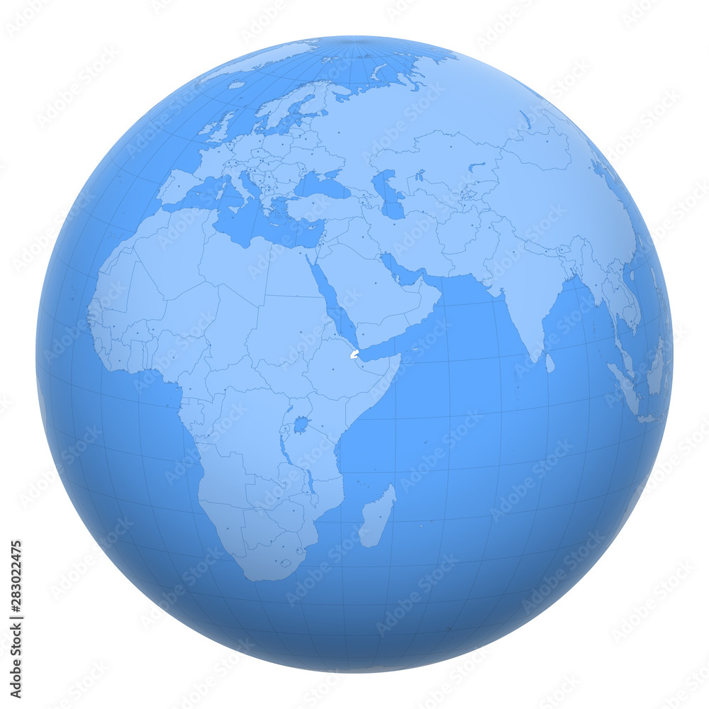 Djibouti on the globe. Earth centered at the location of the Republic of Djibouti. Map of Djibouti. Includes layer with capital cities.