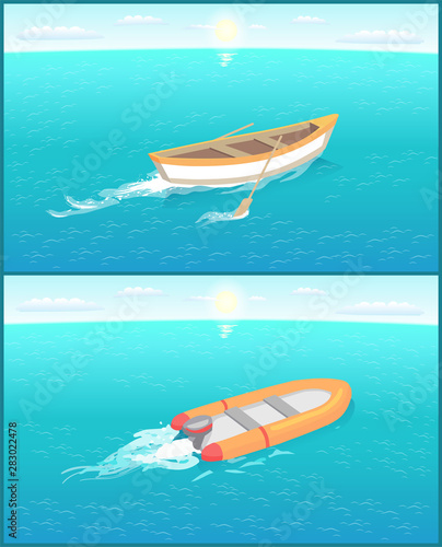 Fishing boat with oars and inflatable ship leaves trace in sea or ocean, marine travelling vessel. Fisher sailboat sailing in deep blue waters vector