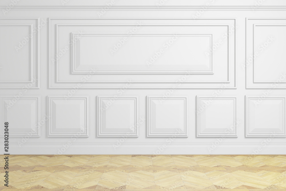 empty room with white panels wall and wooden floor, 3d rendering background empty room with white panels wall and wooden floor, 3d rendering background