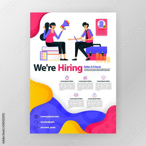 We're hiring employees business poster with flat cartoon illustration. Job interview flyer pamphlet brochure magazine cover design layout space for promotion marketing, vector print template A4 size