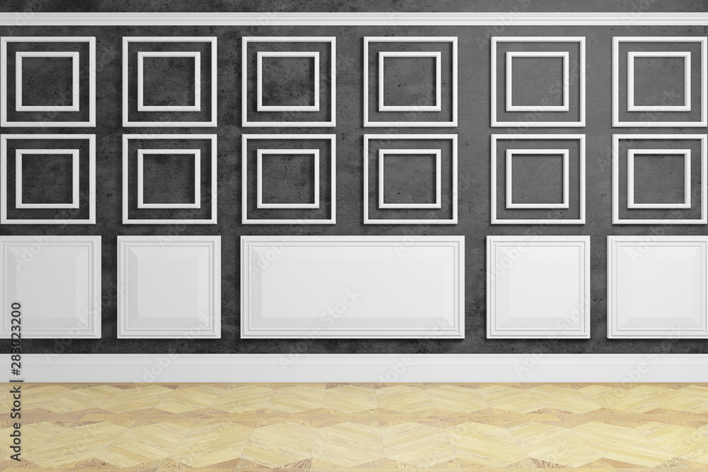 3d rendering of black wall with white panels and wooden floor, empty room, design wall 3d rendering of black wall with white panels and wooden floor, empty room, design wall