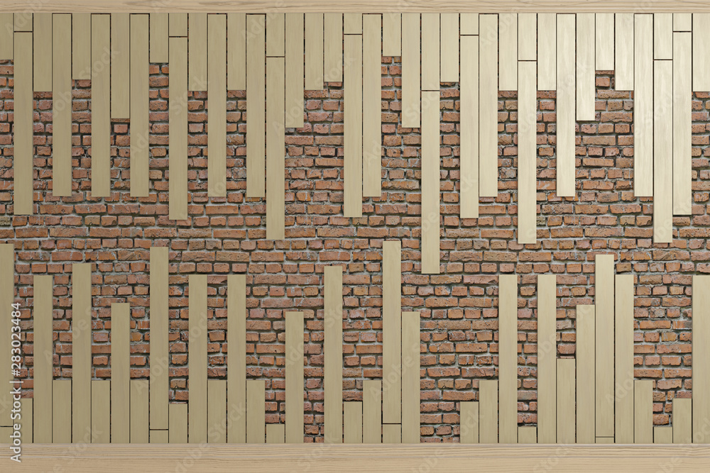 wooden slats on red concrete brick texture, space for text, 3d rendering background	