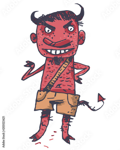 Funny illustration with a red cartoon devil - Vector