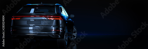 Sports car, studio setup, on a dark background. 3d rendering