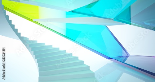 Abstract architectural glass gradient color interior of a minimalist house with large windows. 3D illustration and rendering.