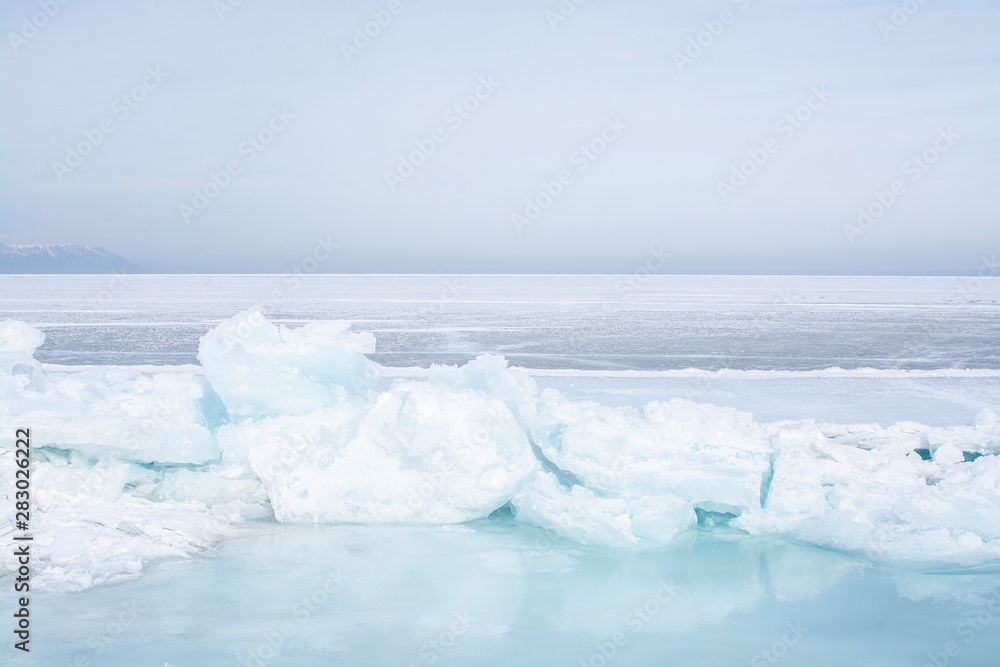 Broken Ice in frozen lake at Lake Baikal, Russia