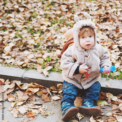 Cute toddler with animal ears hood sitting in golden leaves