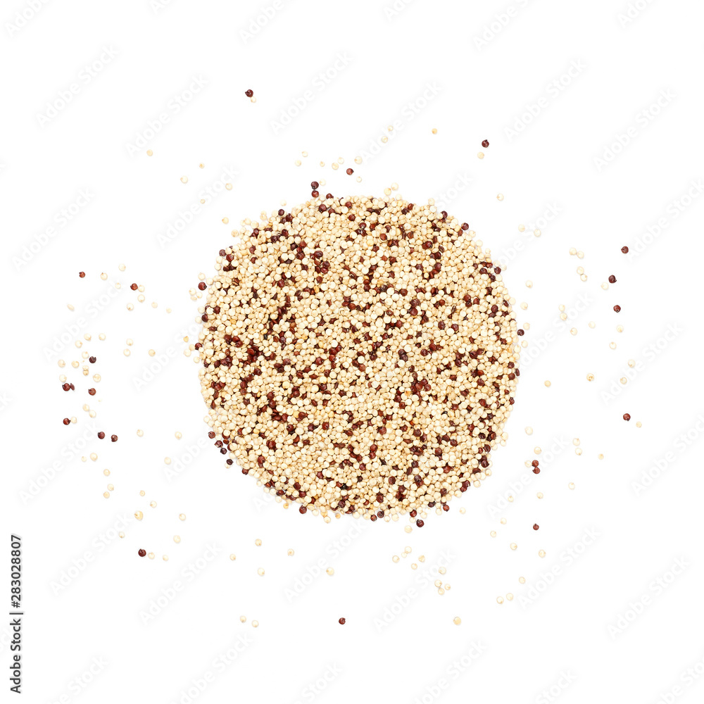 Red and White Quinoa shaped in the form of a circle. Overhead close up view
