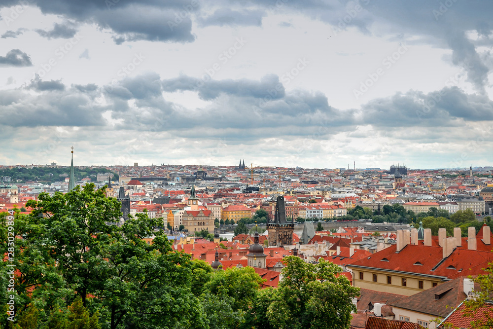 Scenic panoramic view of historical center of Prague, Czech Republic on a cloudy day