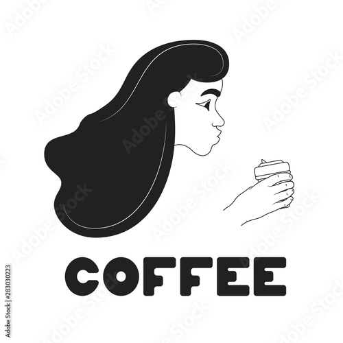 Concept with girl blowing on hot coffee cup. Poster template for cafe, shop or house.