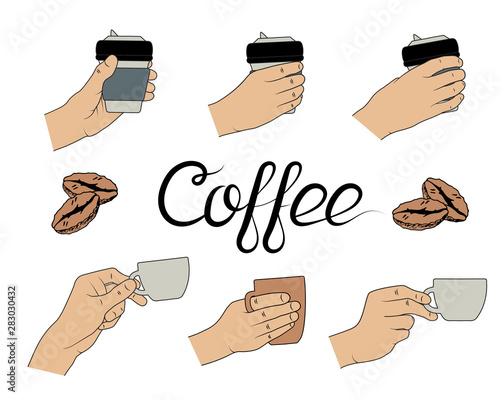 Hands holding cup, mug of hot coffee. Concept for coffee shop, house or menu.