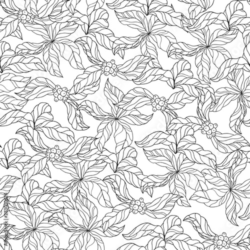 Seamless pattern with ornate coffee branches with leaves and beans. Vintage floral background. Vector isolated illustration.