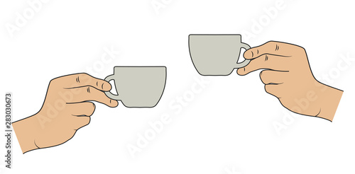 Two hands holding americano coffee cups. Afternoon or morning conversation or business coffee break. 