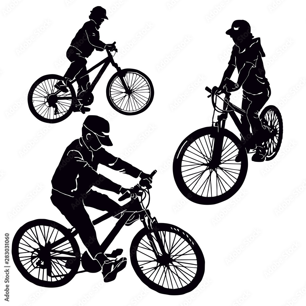 Obraz premium Teenager on a mountain bike. A girl, a boy in a baseball cap is riding a bicycle. Flat style character vector illustration isolated on white background.