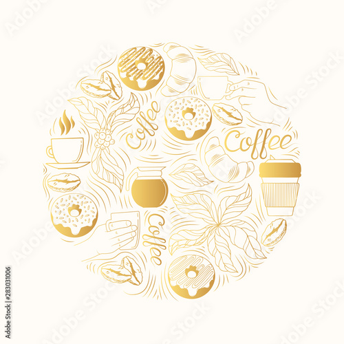 Golden round frame for coffee shop or house with gold vintage coffee leaves and beans, hands holding espresso and cappuccino cups, donuts and croissant. Vector isolated illustration.