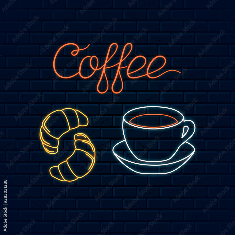 Glowing neon sign with coffee cup and croissant. Vector isolated  illustration. Icon for cafe background. Led luminous sign for coffee shop  or cafeteria signboard. Stock Vector | Adobe Stock