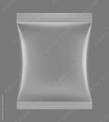 Template of transparent food snack pillow bag on grey background. Vector illustration. Can be use for your design, promo, adv.	