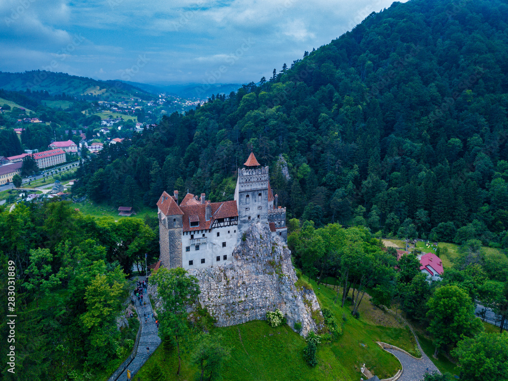 Aerial panorama view of the medieval Bran Castle, known for the myth of Dracula , Dracula Castle in Brasov, Transylvania. Romania.