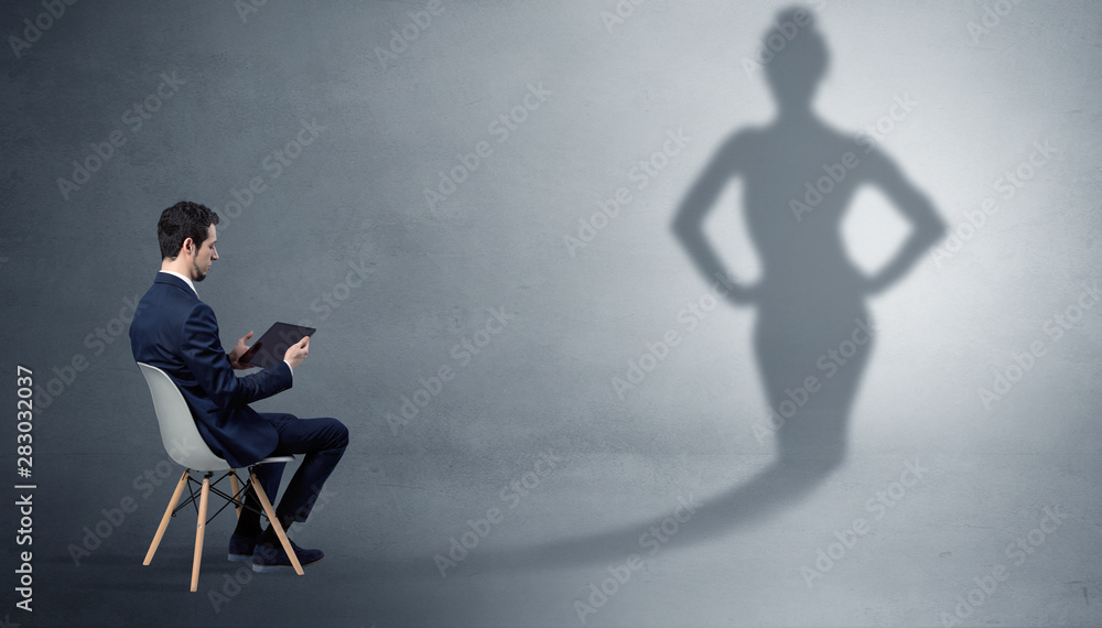 Rich businessman staying and offering stuffs to a pretty shadow woman Rich businessman staying and offering stuffs to a pretty shadow woman