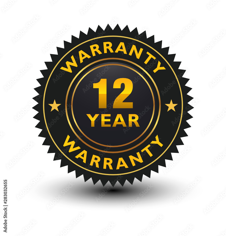 Luxurious blackish with golden lines 12 year warranty badge, sign, label, seal, stamp isolated on white background. 