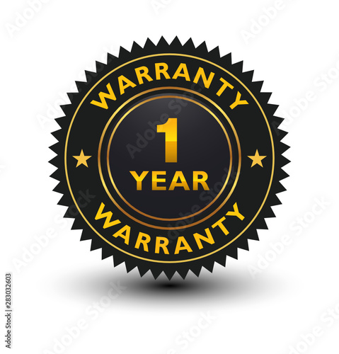 Luxurious blackish with golden lines 1 year warranty badge, sign, label, seal, stamp isolated on white background. 