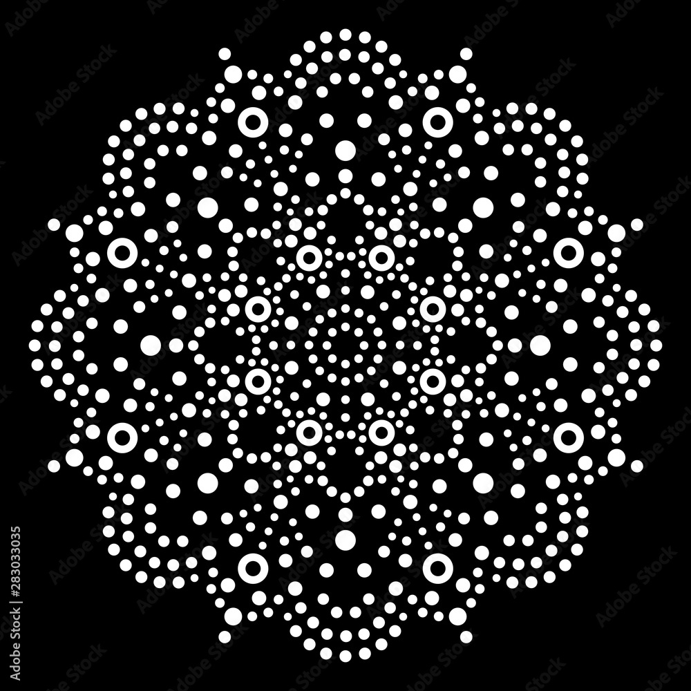 Dot art vector mandala, traditional Aboriginal dot painting design,  indigenous decoration from Australia in white on black background  Stock-Vektorgrafik | Adobe Stock
