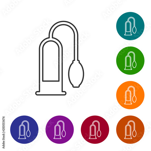 Grey line Penis pump icon isolated on white background. Penis enlarger. Sex toy for men. Vacuum pump with a blower to increase the penis. Set icon in color circle buttons. Vector Illustration