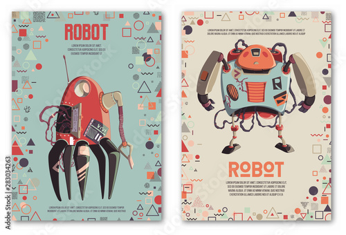 Design template with robots characters and geometric shapes. Technology, future. Artificial intelligence concept. Vector illustration