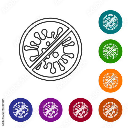 Grey line Stop virus, bacteria, germs and microbe icon isolated on white background. Antibacterial and antiviral defence, protection infection. Set icon in color circle buttons. Vector Illustration