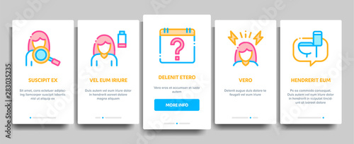 Symptomps Of Pregnancy Vector Onboarding Mobile App Page Screen. Fatigue And Nausea, Food Aversion And Frequent Urination, Constipation And Faintness Symptomps Of Pregnancy Pictograms. Illustrations