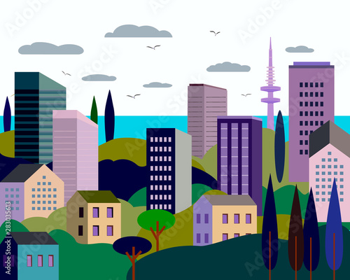 Vector illustration in simple minimal geometric flat style - cityscape with buildings, hills, sea and trees - abstract background for header images for websites, banners, covers.
