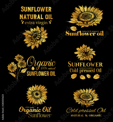 Golden Sunflower Oil Logos Set, Technology Wildflower Logo Templates for Brabding Identty. Gold Vector Isolated Flowers Hand Drawings with Lettering