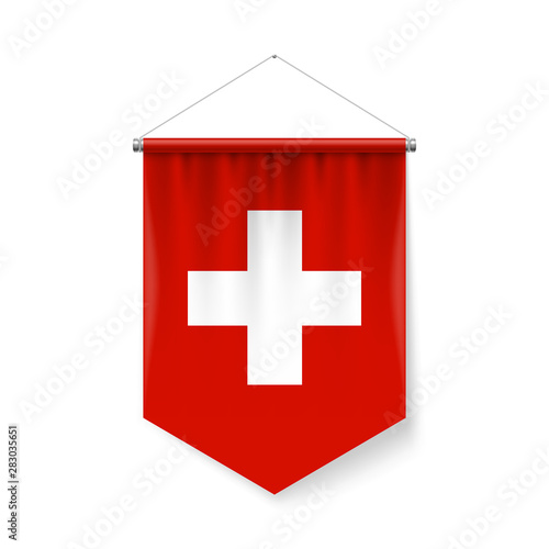 Vertical Pennant Flag of Switzerland Icon on White with Shadow Effects. Patriotic Sign in Official Color and Flower Swiss Flag with Metallic Poles Hanging on the Rope