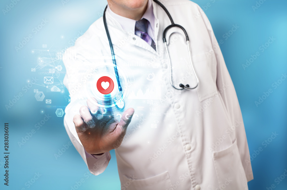 Doctor touching hologram screen displaying medical symbols and charts Doctor touching hologram screen displaying medical symbols and charts