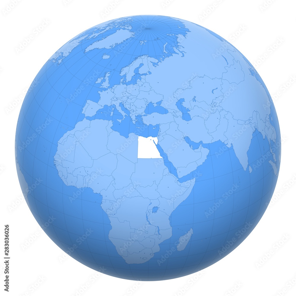 Egypt on the globe. Earth centered at the location of the Arab Republic of Egypt. Map of Egypt. Includes layer with capital cities. Egypt on the globe. Earth centered at the location of the Arab Republic of Egypt. Map of Egypt. Includes layer with capital cities.