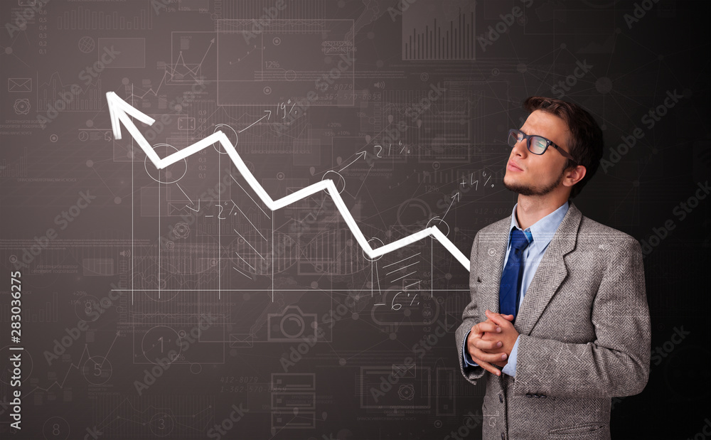 Young person standing with increasing graph concept Young person standing with increasing graph concept