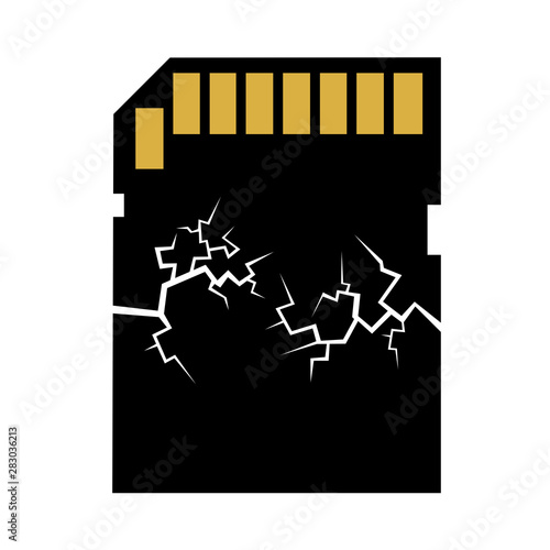 Damaged and destroyed memory card with corrupted file - broken data storage and lost of electronic informatuion. Vector illustration