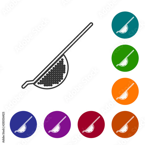 Grey line Kitchen colander icon isolated on white background. Cooking utensil. Cutlery sign. Set icon in color circle buttons. Vector Illustration