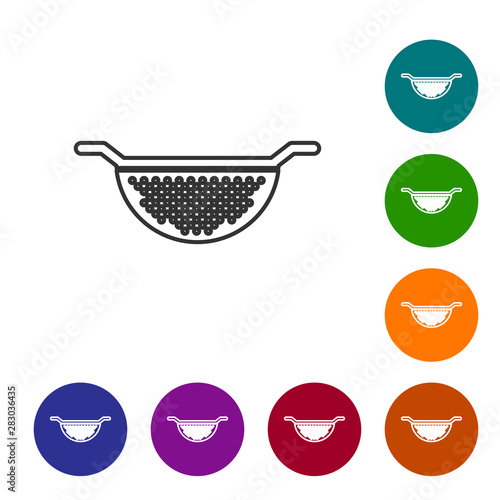 Grey line Kitchen colander icon isolated on white background. Cooking utensil. Cutlery sign. Set icon in color circle buttons. Vector Illustration