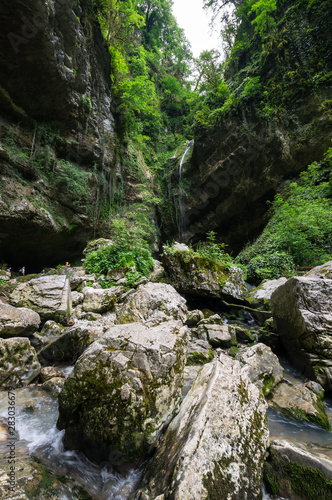 View of the waterfall in Caucasian mountains