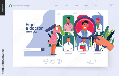 Find a doctor -medical insurance template -modern flat vector concept digital illustration - a hand with a magnifying glass, a woman with binocular, doctors portraits - a doctor searching metaphor