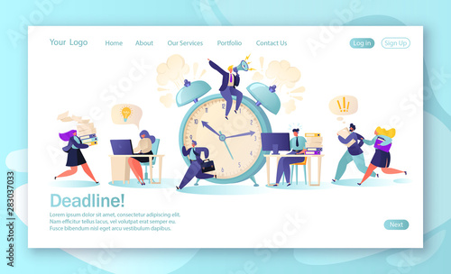 Concept of landing page with office workers and business people working overtime at Deadline. Time management on the road to success. Concept for mobile website development and web page design. 