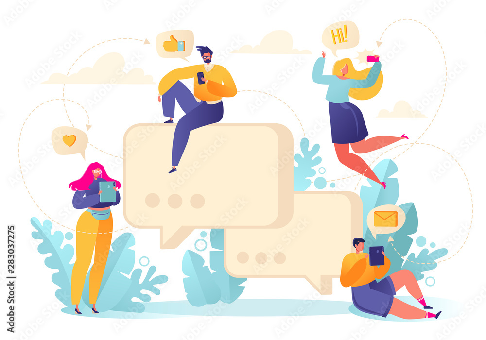 Obraz premium Vector people characters chatting with phones and tablets on social media, networking. Take a selfie, exchange text messages and likes. Illustration for landing page and mobile website development.