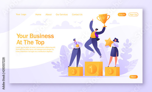 Concept of landing page on teamwork, career, rich goal success achievement theme with successful flat business people characters. Vector illustration for mobile website development and web page design